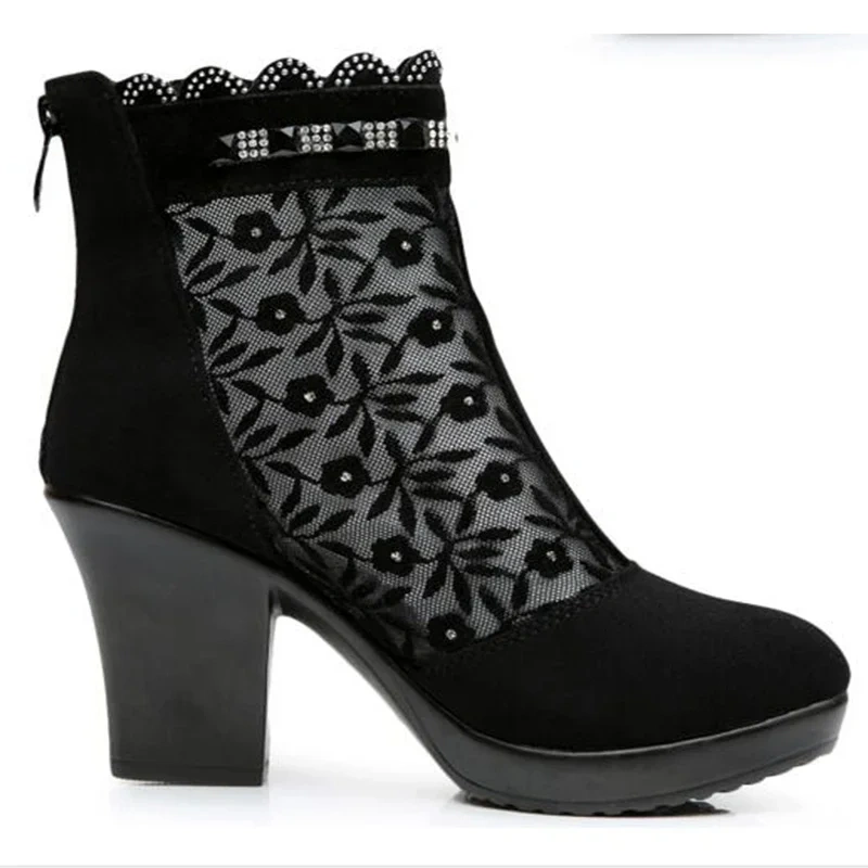 Summer New Fashion Thick Heels Cut-outs Embroidery Flowers Crystal Breathable Mesh Genuine Leather Women High-top Boots 0504