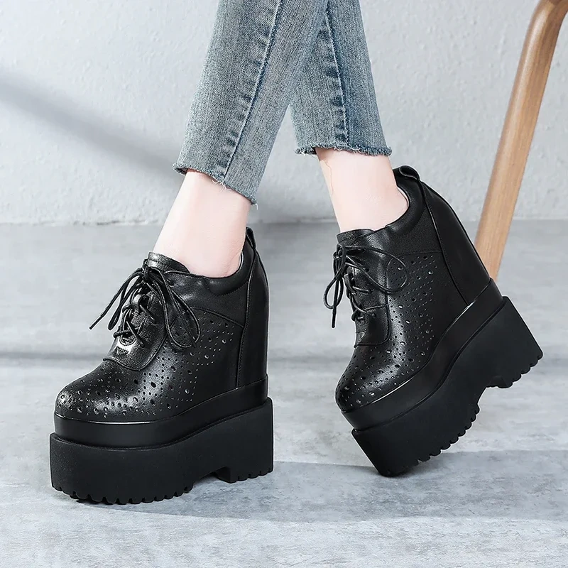 Spring Summer Autumn New Fashion Slim Height Increasing Platform Hollow Cross-tied Genuine Leather Women Casual Shoes Sneakers