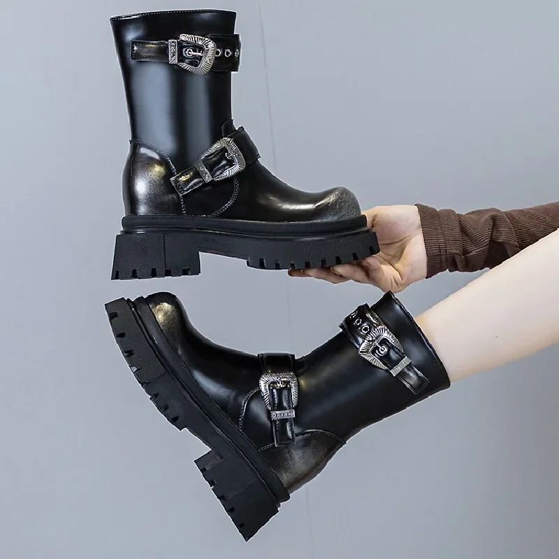 Spring Autumn New Punk Style Slim Height Increasing Platform Belt Buckle Genuine Leather Zipper Women Mid-Calf Motorcycle Boots