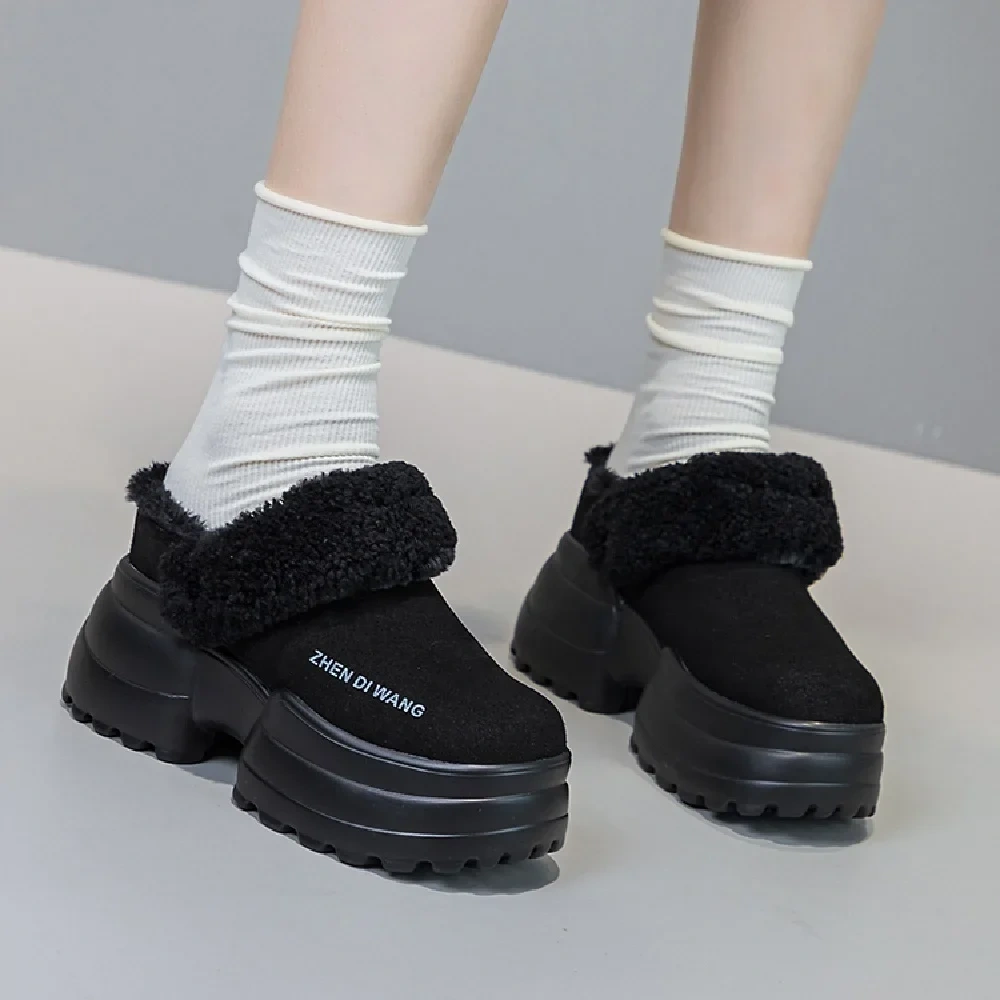 Winter New Korean Leisure Style Height Increasing Platform Round Toe Plush Inside Genuine Leather Women Modern Slippers 2411