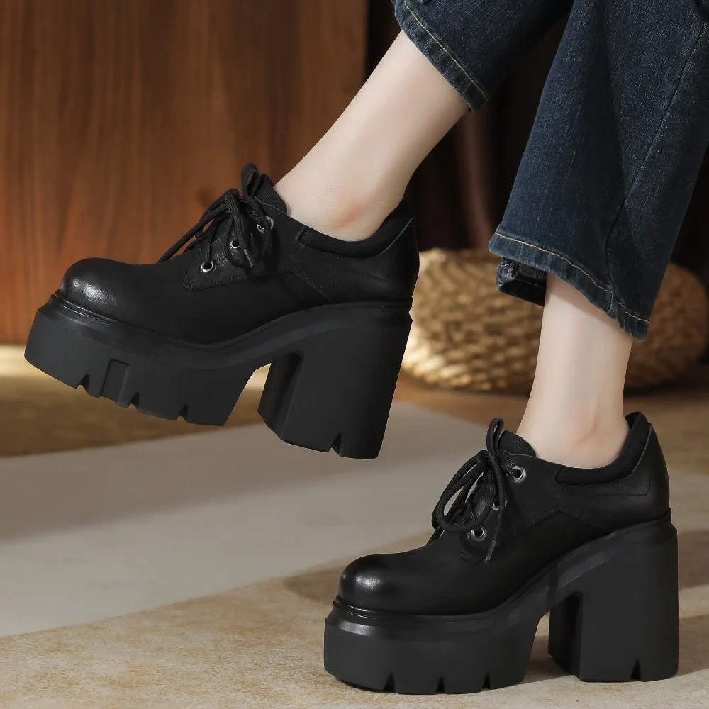 Spring Autumn New British Retro Style 12 CM Super High Heels Platform Sewing Lace-Up Genuine Leather Lace-Up Women Modern Pumps