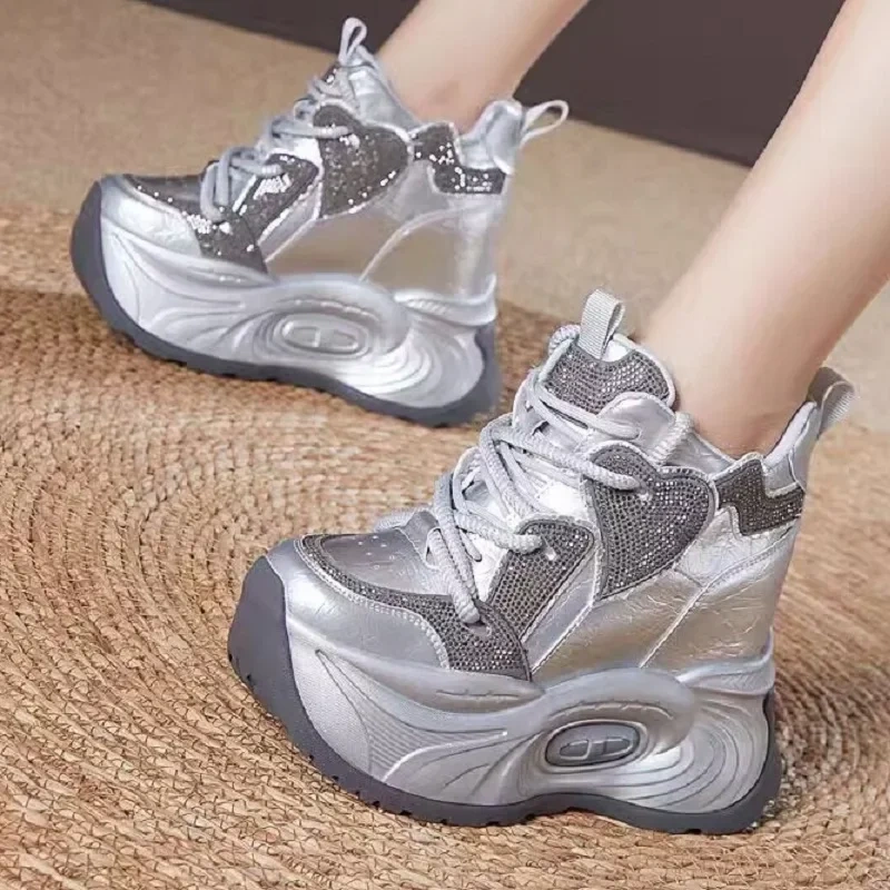 Spring Autumn New Leisure Slim Height Internal Platform Bling Crystal Lace-Up Genuine Leather Women Casual Shoes Sneakers 2411