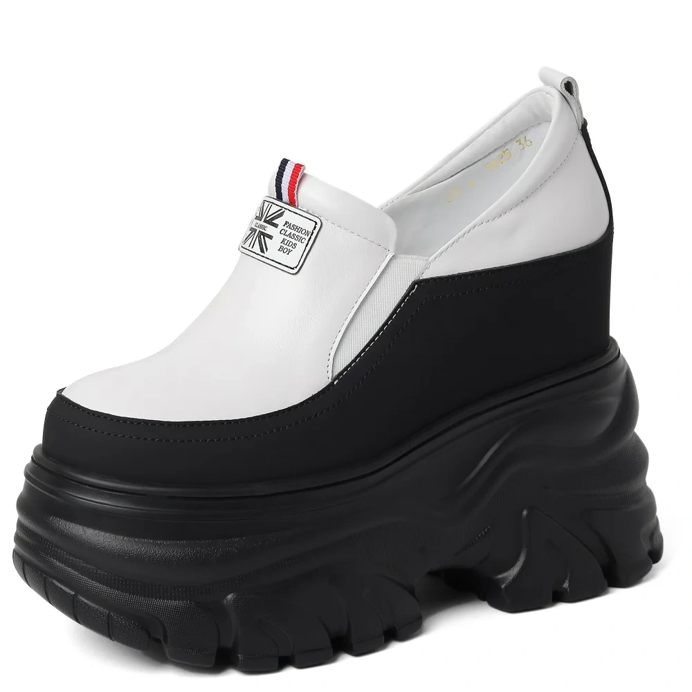 Korean Style New Slim Height Increasing Platform Round Toe Mixed Colors Genuine Leather Slip-On Women Casual Pumps Shoes 2407