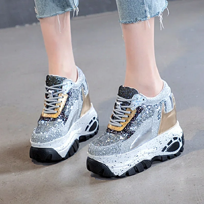 Spring Autumn New Slim Hide Height Increasing Platform Wedges Bling Lace-Up Genuine Leather Women Casual Shoes Sneakers 41223