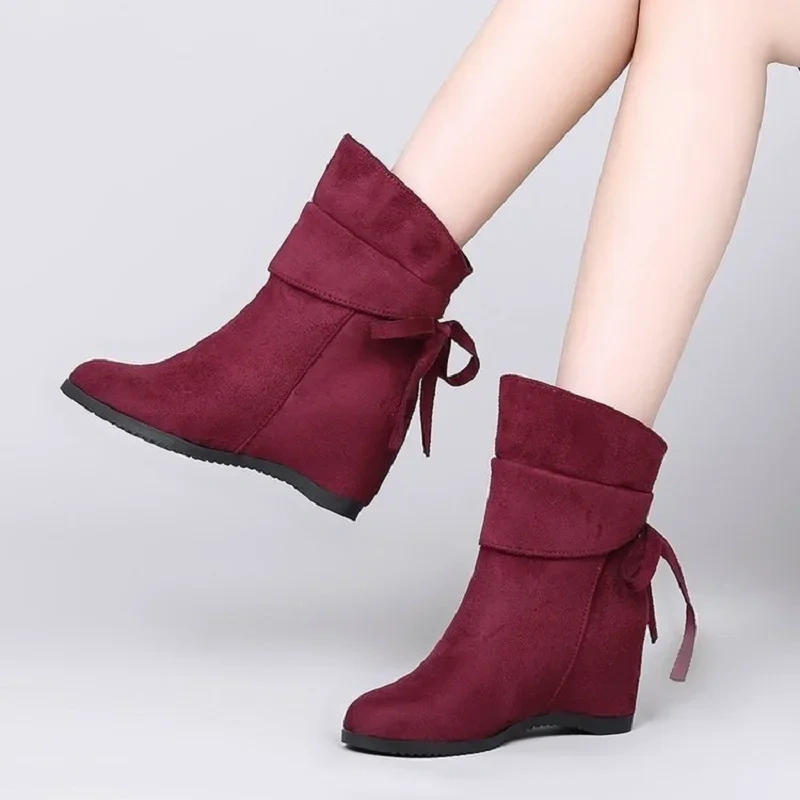 Spring Autumn New Korean Style Leisure Height Increasing Cross-tied Pleated Flock Women Mid-Calf Boots Winter Plush Inside 0304