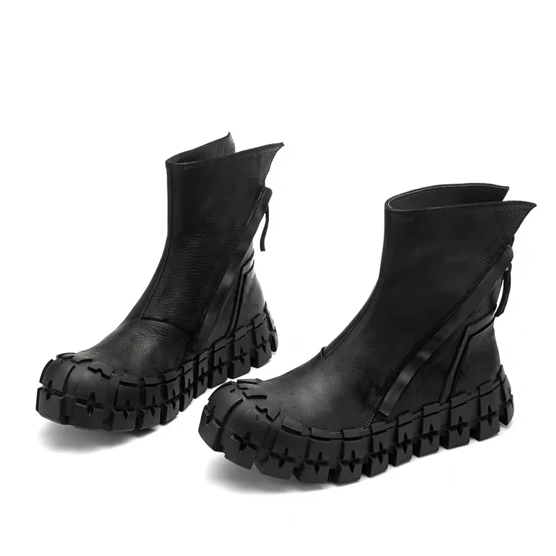 Spring Autumn New British Style Retro Chunky Gear Bottom Sewing Zipper Genuine Leather Men Mid-Calf Half Motorcycle Boots 2306