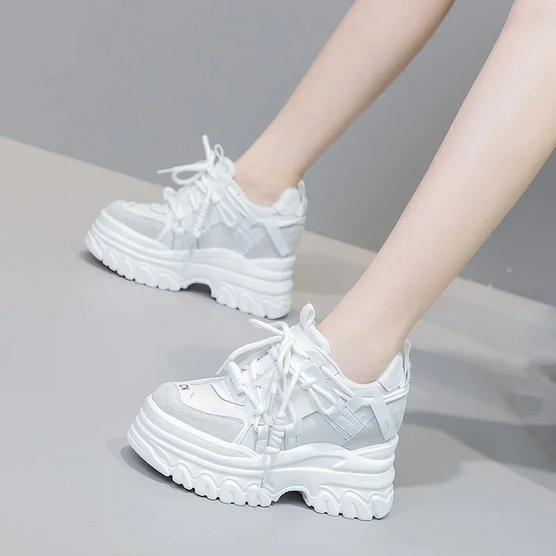 Spring Autumn New Korean Style Slim Height Increasing Platform Cross-tied Genuine Leather Women Casual Shoes Ladies Sneakers