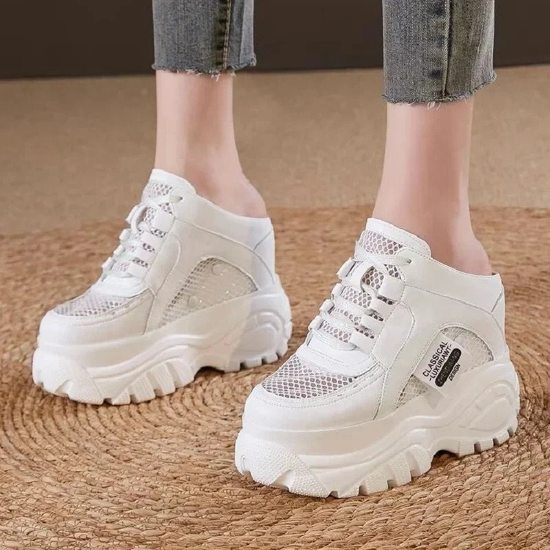 Summer New Korean Style Slim Height Increasing Platform Round Toe Cut Out Hollow Mesh Genuine Leather Women Modern Slippers 2404