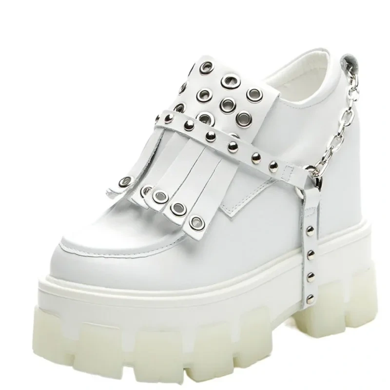 Spring Autumn New Punk Style Height Increasing Platform Metal Chain Fringe Genuine Leather Women Casual Shoes Sneakers 2410