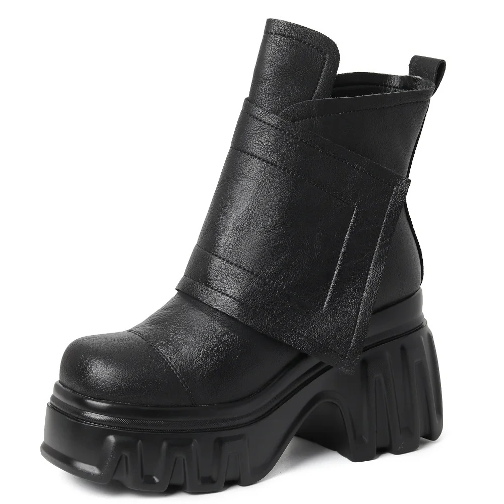 Spring Autumn New Slim 10CM Super High Heels Platform Square Toe Genuine Leather Women Ankle Short Modern Boots Winter Plush