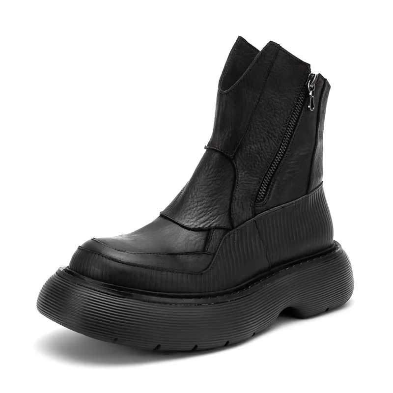Spring Autumn New British Style Chunky Bottom Platform Sewing Genuine Leather Double Zipper Men High Top Short Motorcycle Boots Winter Plush 60123