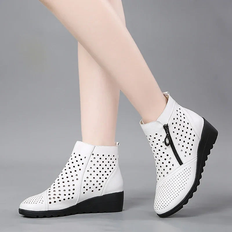 Spring Autumn Women Genuine Leather Round Toe Cut Out Wedge High Heels Shoes Thick Warm For Winter Concise Short Boots 230302
