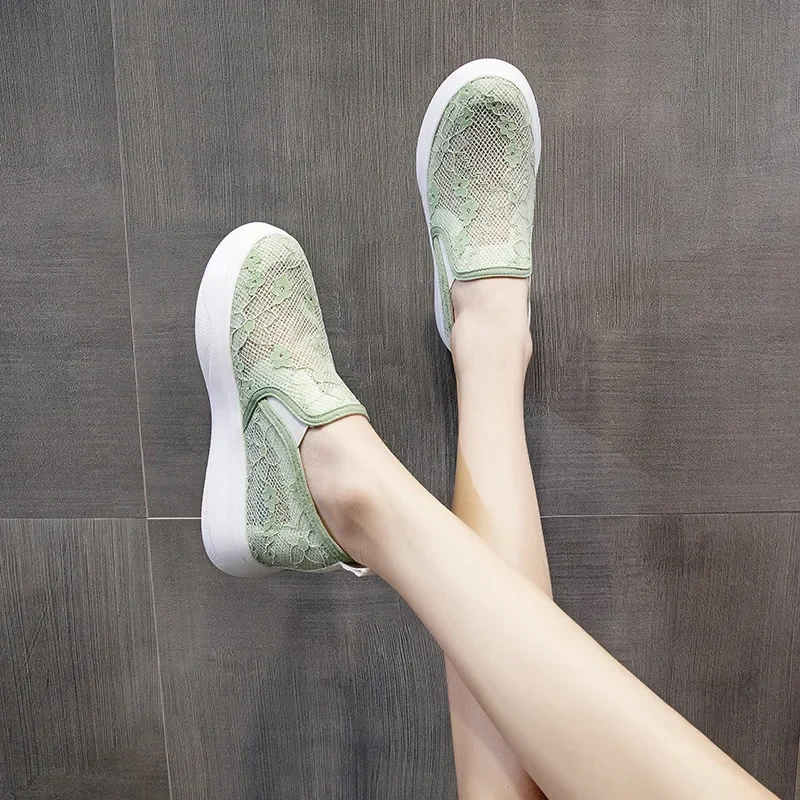 Women Loafers Shoes Summer New Leisure Height Increasing Platform Cut Out Lace Embroidery Slip-On Ladies Lazy Casual Pumps 2304