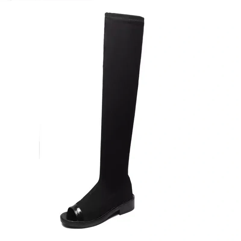 Women Summer New Korean Consise Style Thick High Heels Peep Tep Stretch Fabric Slip-On Knee-High Long Gladiator Boots 41211