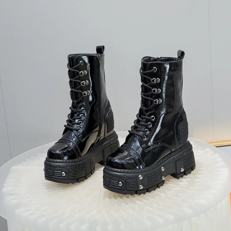 Spring Autumn Winter New Slim Height Increasing Platform Cross-tied Rivet Genuine Leather Women Mid-Calf Half Equestrian Boots