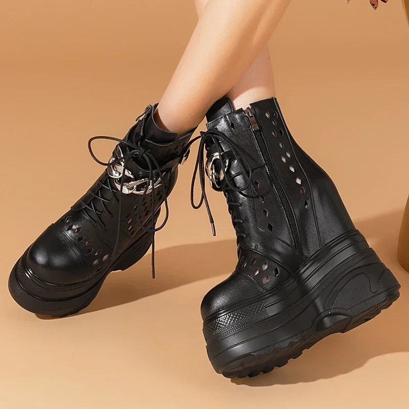 Summer New Slim Height Increasing Platform Chic Metal Chain Belt Buckle Zipper Genuine Leather Women Ankle Short Modern Boots