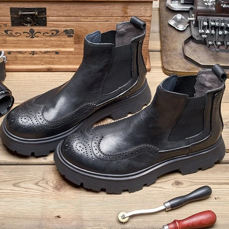 Spring Autumn New British Style Retro Chunky Bottom Platform Slip-On Genuine Leather Men Ankle Short Brogue Chelsea Boots 2307