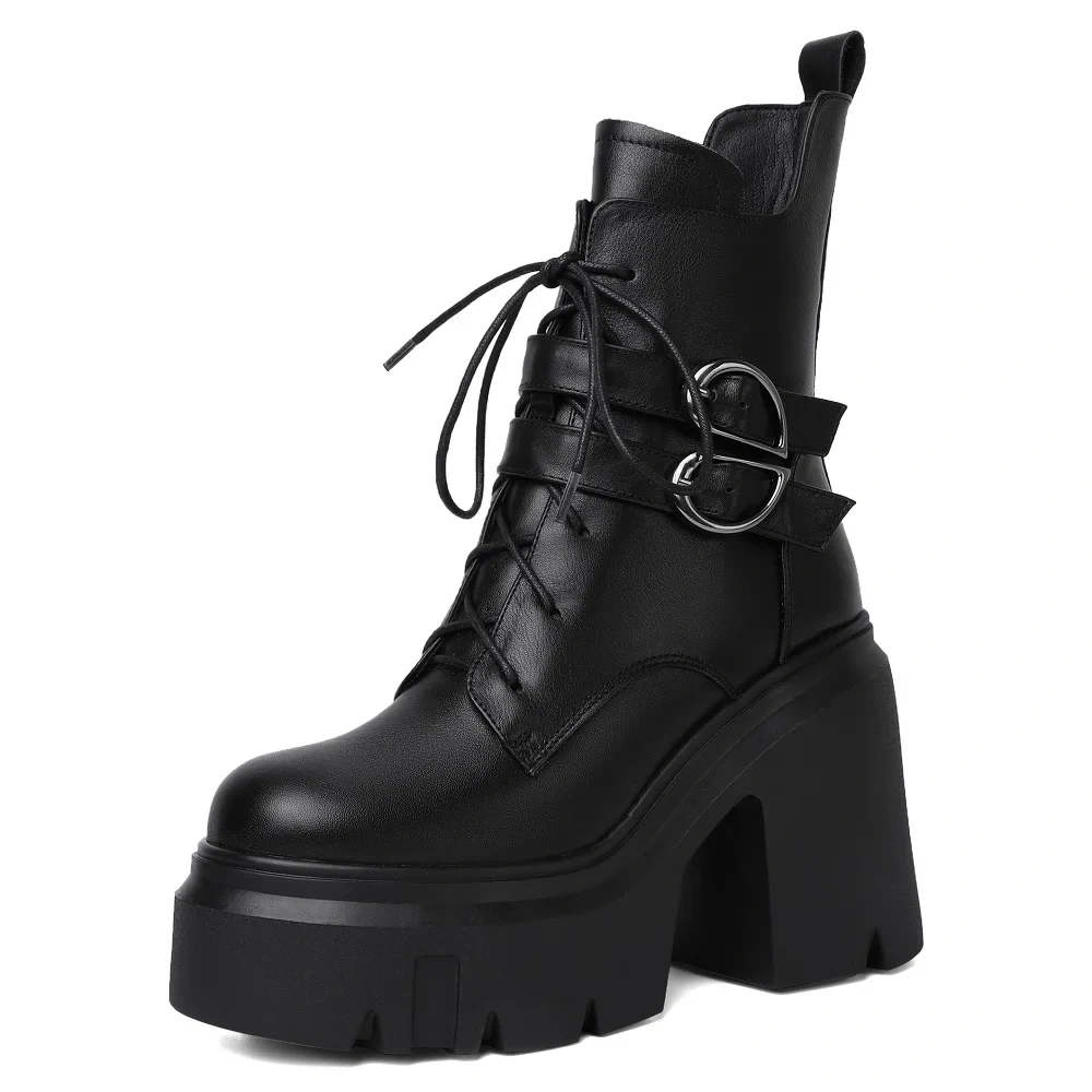 Spring Autumn Winter New Retro 12CM High Heels Platform Cross-tied Belt Buckle Genuine Leather Women Ankle Short Modern Boots