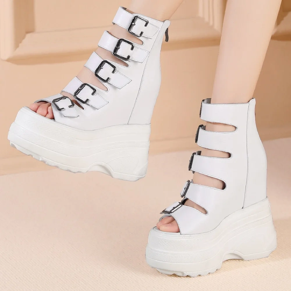 Summer New Korean Fashion Style Height Increasing Peep Toe Platform Belt Buckle Hollow Genuine Leather Women High Top Rome Boots