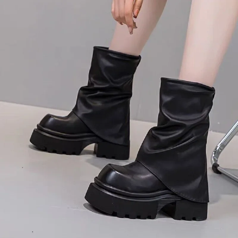 Spring Autumn New British Style Retro Height Internal Platform Square Toe Pleated Genuine Leather Women Mid-Calf Foldover Boots