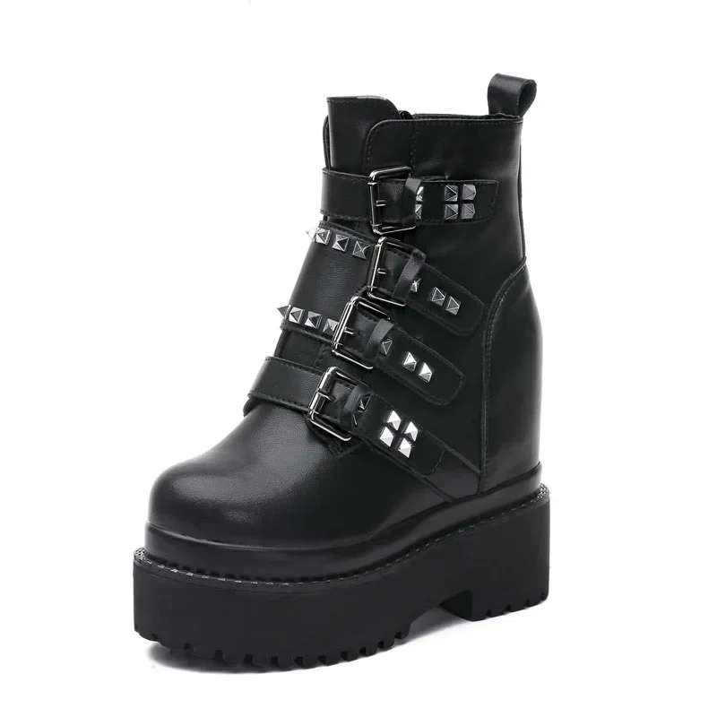 Winter New Punk Style Slim Height Increasing Platform Belt Buckle Rivet Zipper Genuine Leather Women Mid-Calf Modern Boots 2410