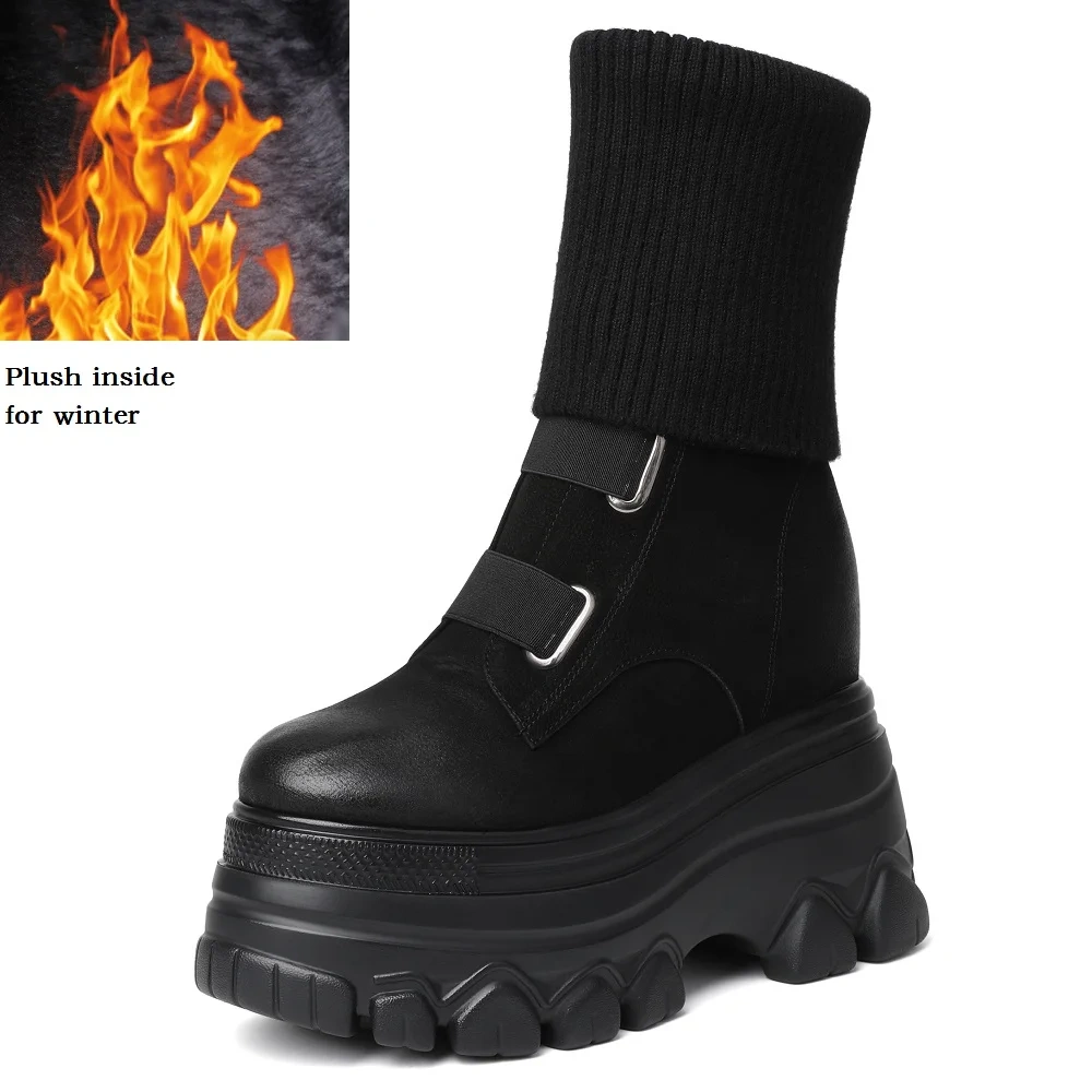 Winter New Slim 12 CM High Heels Height Increasing Platform Plush Inside Knitting Genuine Leather Women Mid-Calf Modern Boots