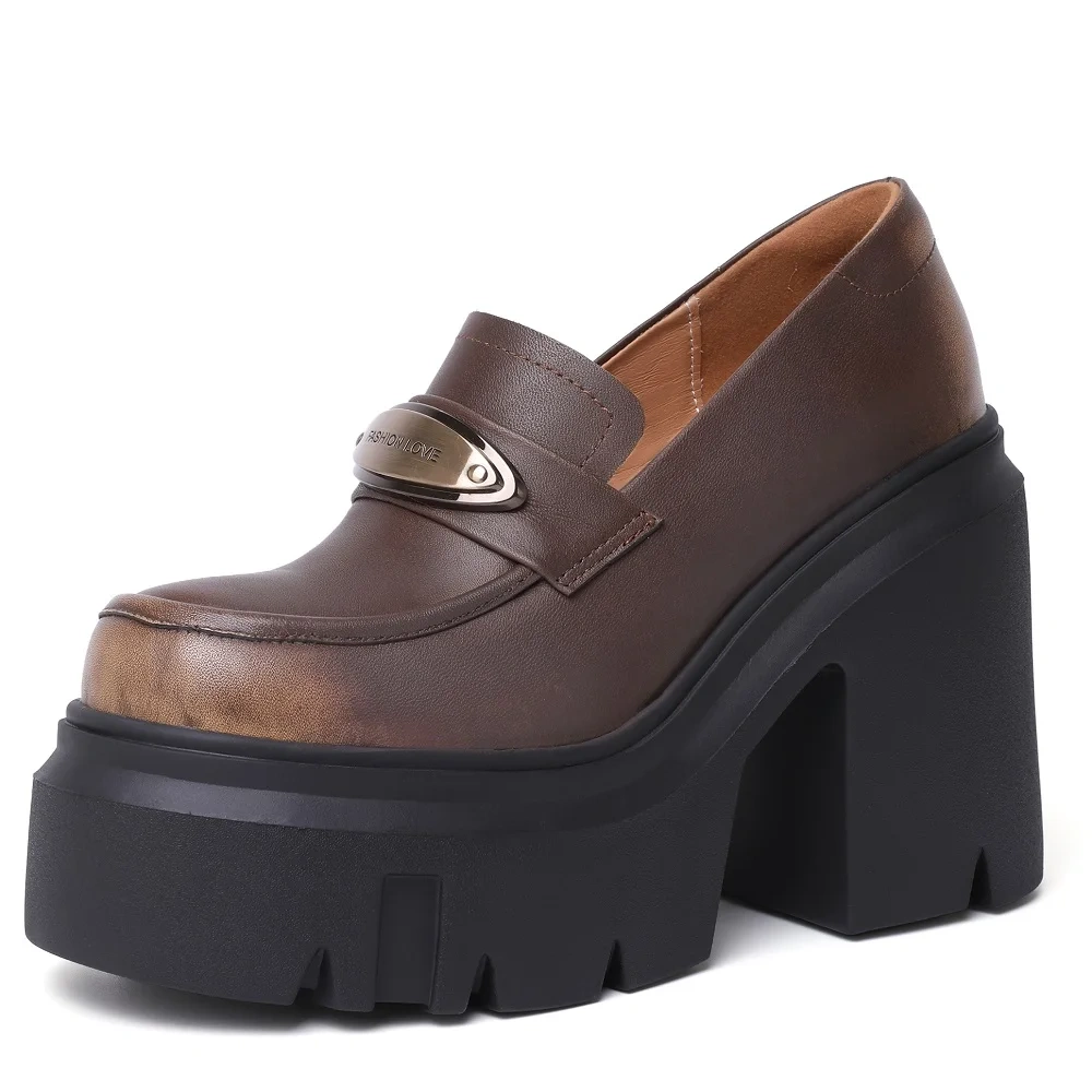 Women Loafers Spring Autumn New Slim 10CM Super High Heels Platform Metal Decoration Genuine Leather Slip-On Women Modern Pumps