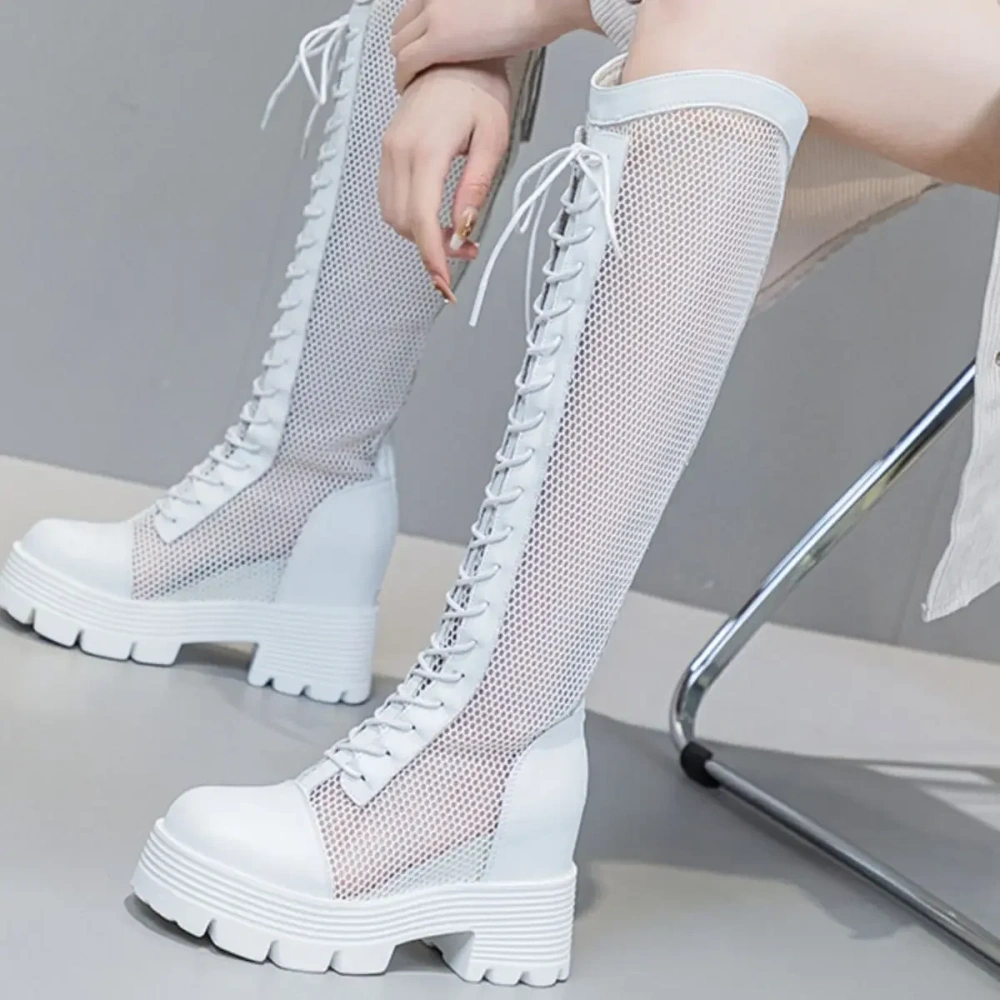 Summer New Fashion Slim Height Increasing Platform Cross-tied Hollow Mesh Genuine Leather Women Knee-High Long Modern Boots 2411