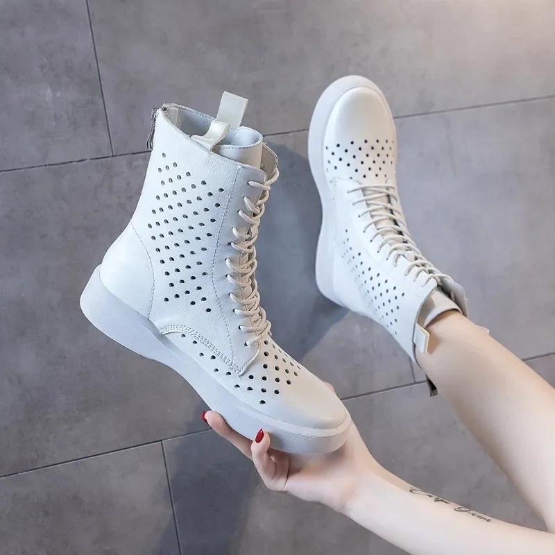 Summer Women Genuine Leather Cut Out Fashion Lace Up Platform Single Shoes Round Toe Breathable Concise Short Boots 230302