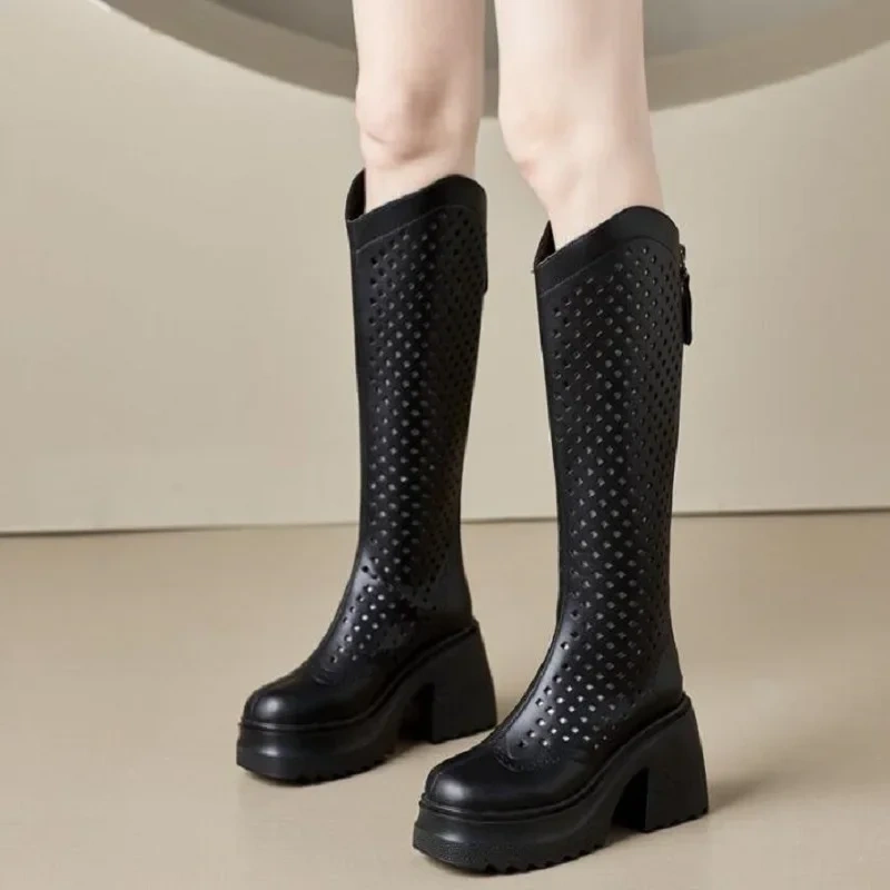 Summer New Fashion Thick High Heels Platform Cut Out Hollow Breathable Genuine Leather Women Knee-High Long Modern Boots 2304