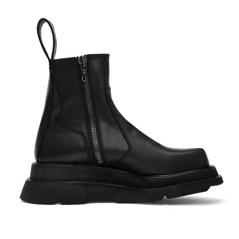 Spring Autumn New British Style Retro Chunky Bottom Platform Sewing Genuine Leather Men Mid-Calf Work Safety Boots Winter Plush