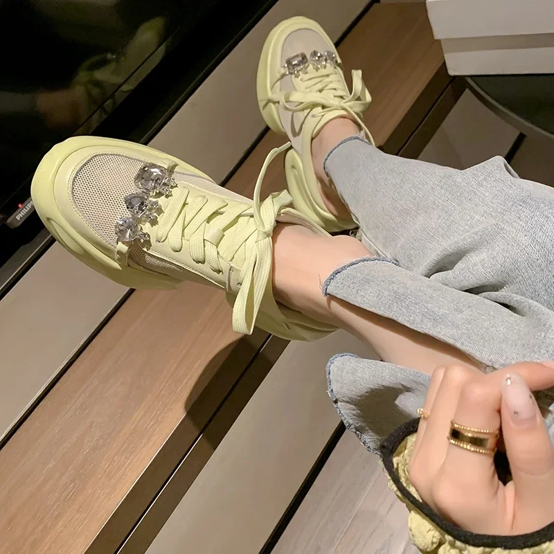 Summer New Fashion Thick Bottom Platform Crystal Rhinestone Cut Out Mesh Patchwork Genuine Leather Women Modern Slippers 2303