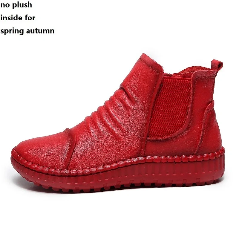 Spring Autumn New Retro Chunky Sole Sewing Genuine Leather Zipper Women Ankle Short Chelsea Boots Winter Plush Inside 41225