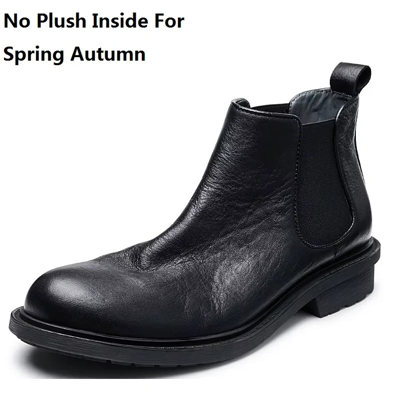 Spring Autumn New British Style Retro Thick Heels Sewing Slip-On Genuine Leather Men Ankle Short Chelsea Boots Winter Plush 2307