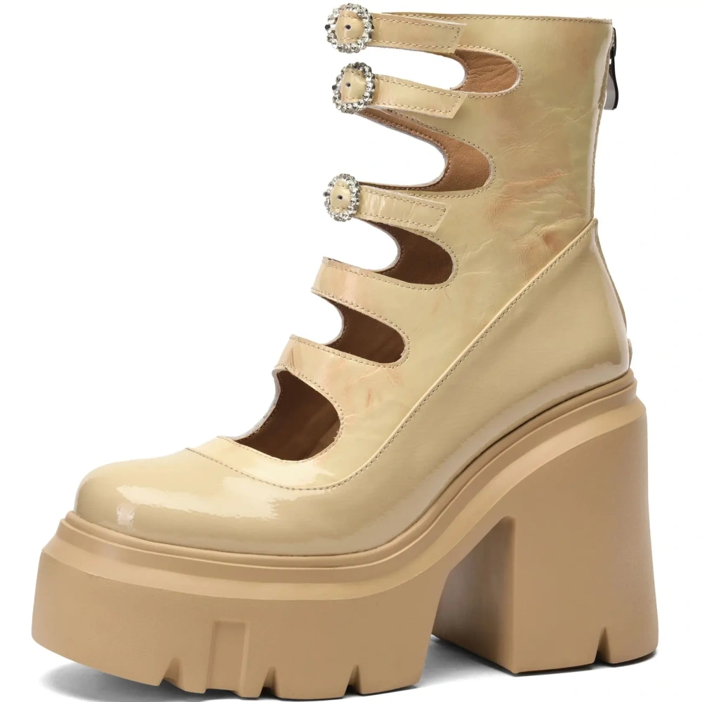 Women 12 CM Heel New Crystal Belt Buckle Spring Autumn Boots Real Leather Hollow Out Rome Splicing Stitching Design Pumps 50220