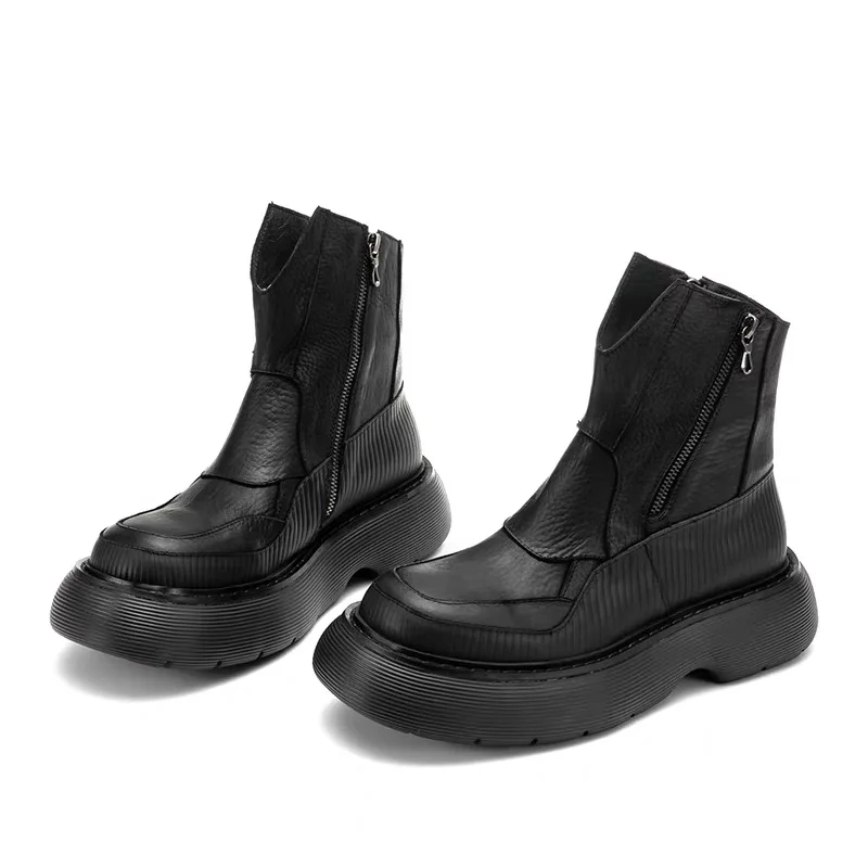 Spring Autumn New British Style Chunky Bottom Platform Sewing Genuine Leather Men High Top Short Motorcycle Boots Winter Plush