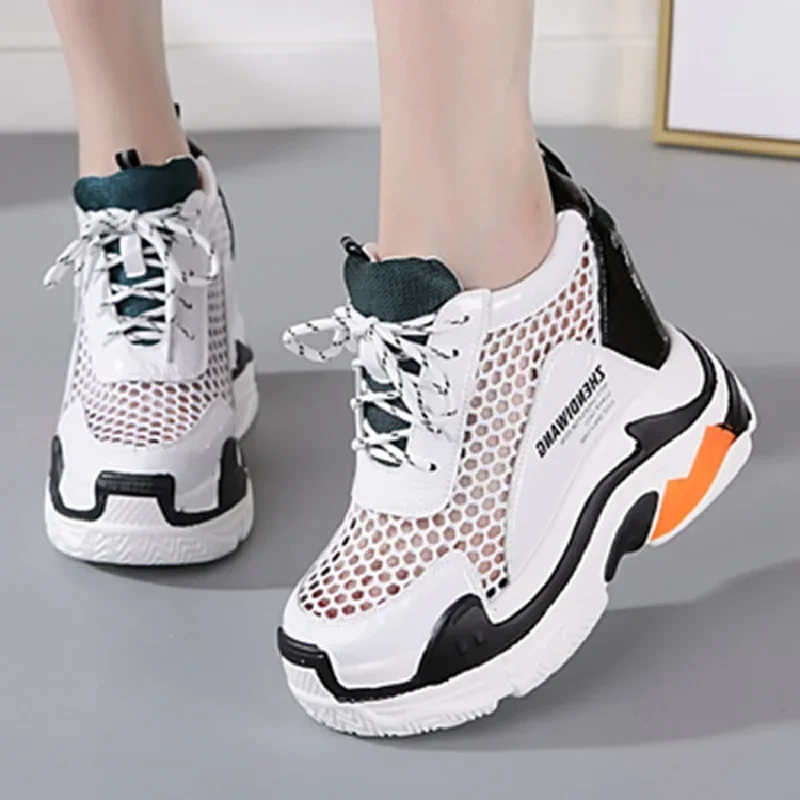 Summer New Korean Style Slim Height Increasing Platform Hollow Mesh Genuine Leather Lace-Up Women Casual Shoes Ladies Sandals
