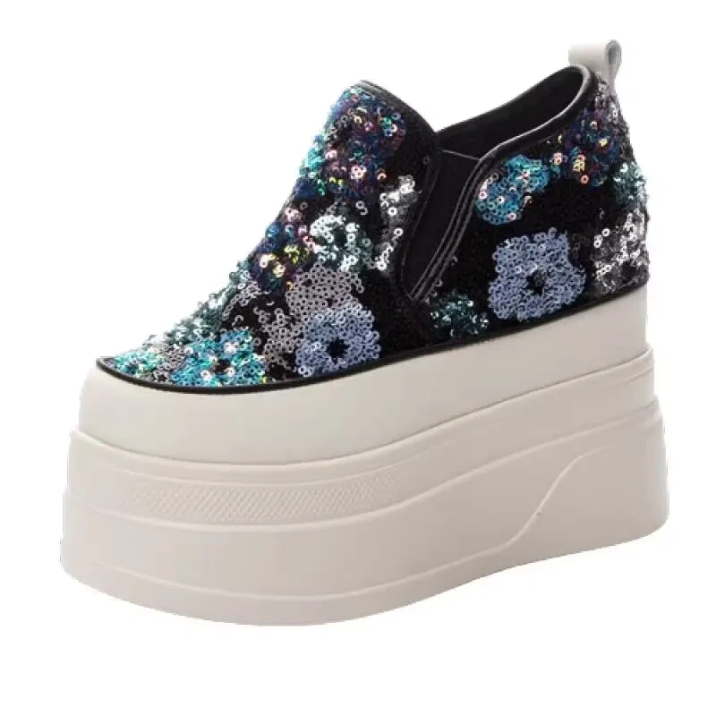 Spring Autumn New Korean Style Slim Height Increasing Platform Bling Flowers Slip-On Sequined Cloth Women Casual Shoes Sneakers