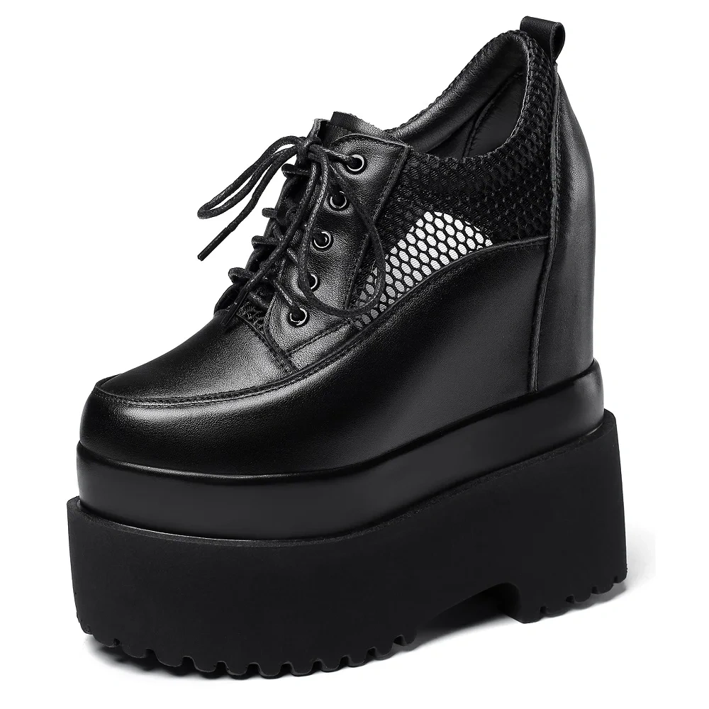 Summer New Korean Concise Style Slim Height Increasing Platform Hollow Mesh Genuine Leather Lace-Up Women Modern Pumps 2412