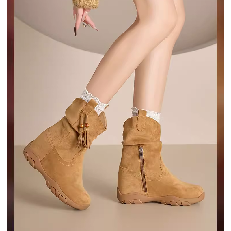 Women's Tassel & Beaded Ankle Boots 9 CM Hidden Heel Short Plush Winter Warm Slip-On Slimming Versatile Casual Spring Autumn 60123