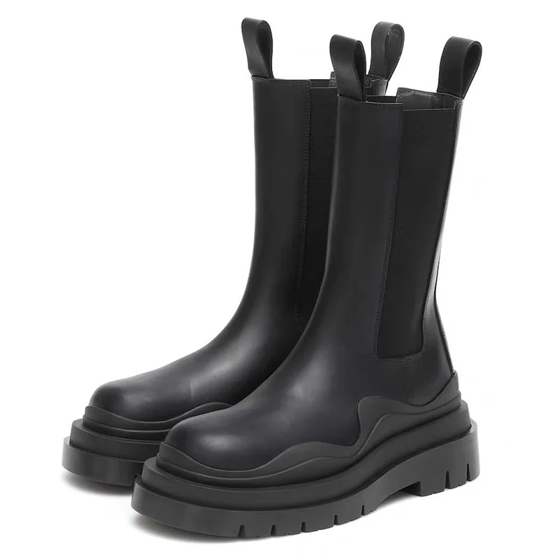 Spring Autumn New British Style Chunky Bottom Platform Slip-On Knight Boots Genuine Leather Men Mid-Calf Half Chelsea Boots Winter Plush 60123