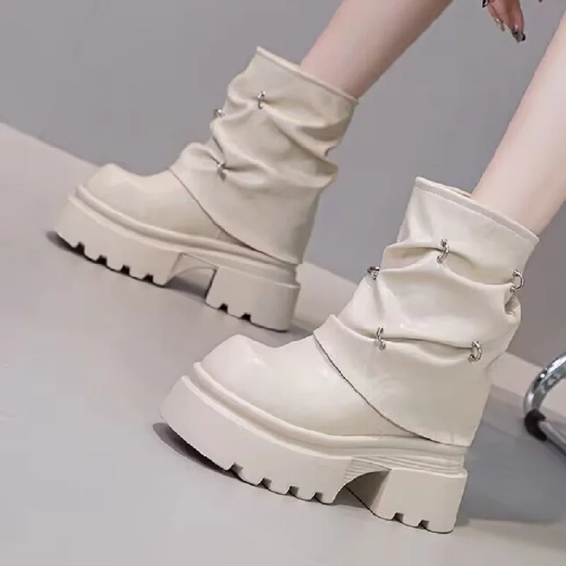 Winter New Punk Style Height Increasing Platform Rivet Plush Inside Genuine Leather Slip-On Women Mid-Calf Foldover Boots 2411
