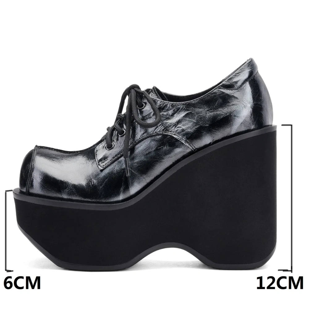 Women New Spring Autumn 12 CM High Heel Thick Sole Wedge Platform Lace Up Shoes Genuine Leather Printed Black Shoes 50222
