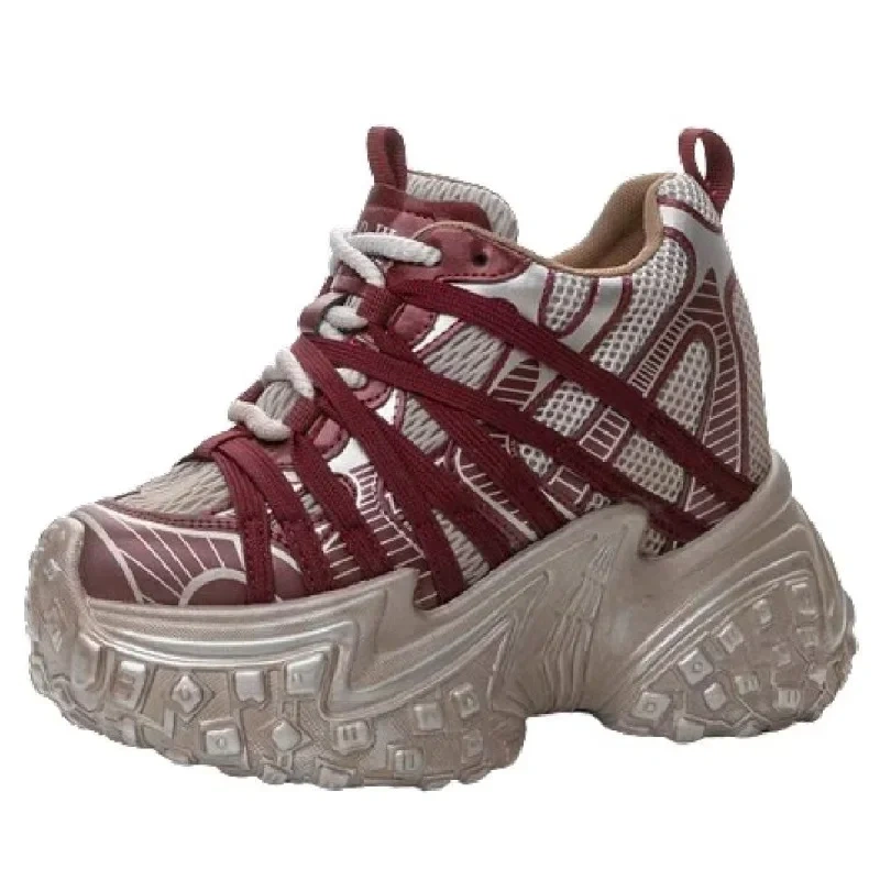 Spring Autumn New Slim Height Increasing Platform Cross-tied Mesh Patchwork Genuine Leather Women Casual Shoes Sneakers 2502