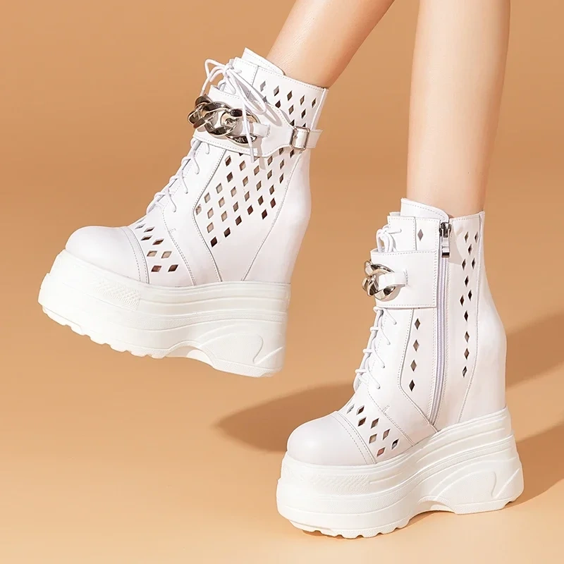 Summer New Slim Height Increasing Platform Chic Metal Chain Belt Buckle Zipper Genuine Leather Women Ankle Short Modern Boots