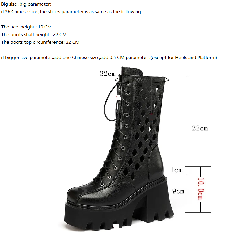 Summer New British Style Slim Height Increasing Platform Hollow Cross-tied 10 CM Block Heel Genuine Leather Women Mid-Calf Half Side Zipper Modern Boots 60123