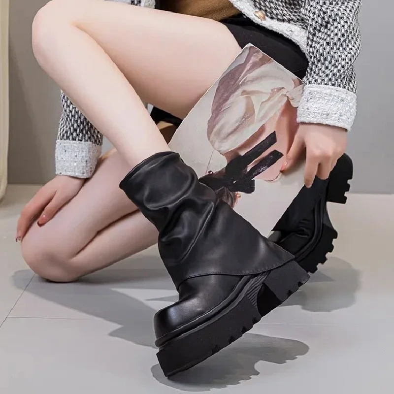 Spring Autumn New British Style Retro Height Internal Platform Square Toe Pleated Genuine Leather Women Mid-Calf Foldover Boots