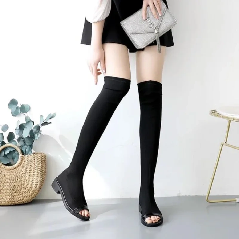 Spring Summer Autumn New British Style Thick Heels Peep Toe Stretch Fabric Slip-On Women Over-the-Knee Long Gladiator Boots 2412