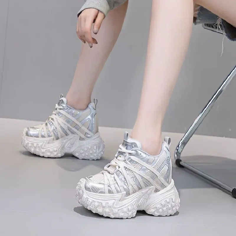 Spring Autumn New Slim Height Increasing Platform Cross-tied Mesh Patchwork Genuine Leather Women Casual Shoes Sneakers 2502