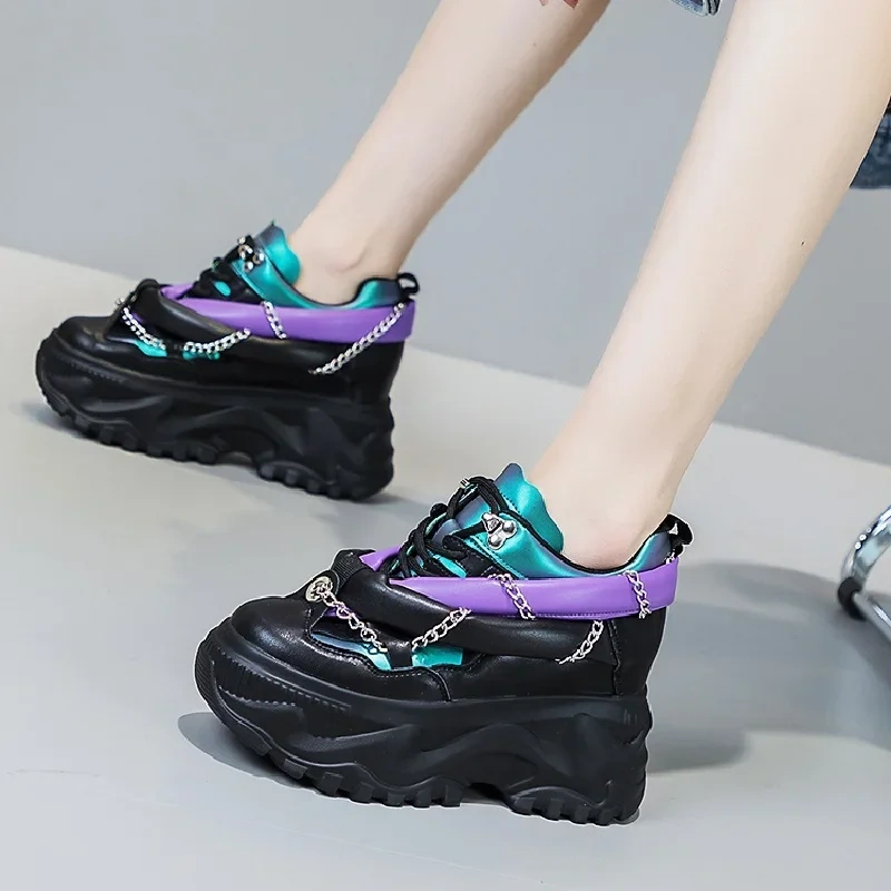 Women Spring Autumn New Slim Height Increasing Platform Wedges Metal Chain Narrow Band Lace-Up Genuine Leather Casual Shoes 412